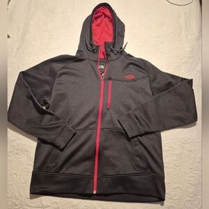 North Face men's Large dark gray full zipper hoodie, red accents VGUC
